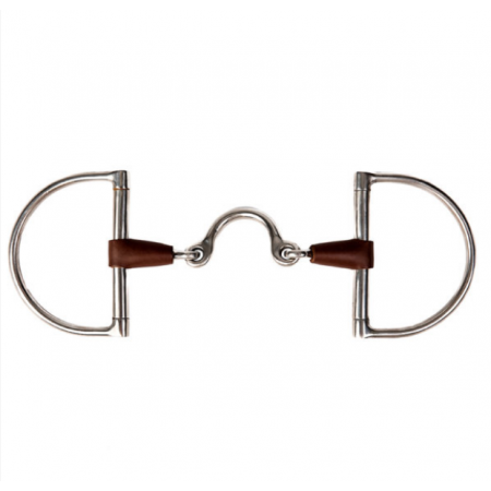 D-ring snaffle, double jointed, moon link, with leather